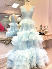 Light Blue A Line Tiered Ruffle Tulle Long Prom Dress