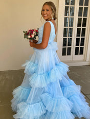 Light Blue A Line Tiered Ruffle Tulle Long Prom Dress