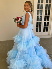 Light Blue A Line Tiered Ruffle Tulle Long Prom Dress