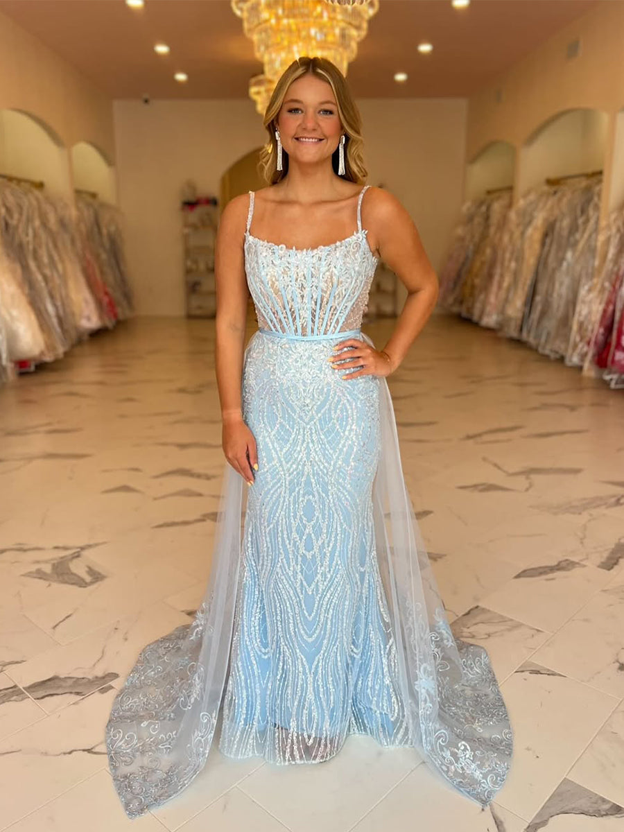 Dreamylily Prom Dress Light Blue Beaded Long Corset Evening Gown with