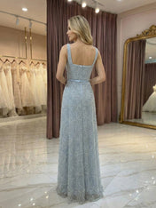 Light Blue Beaded Square Neck A-Line Long Prom Dress