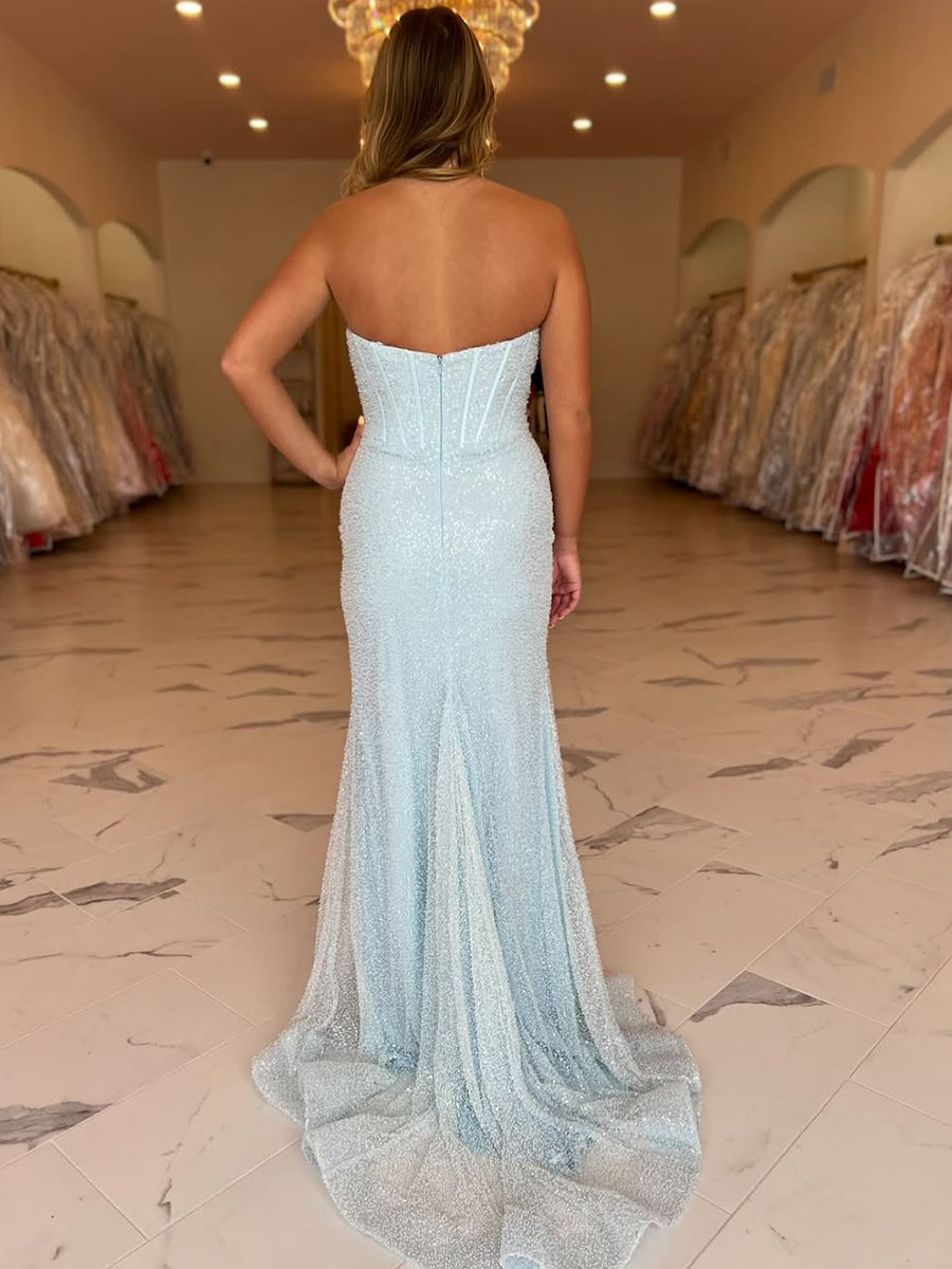Light Blue Beaded Strapless Corset Prom Dress with Slit