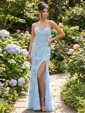 Light Blue Corset-Bodice Lace Prom Dress  with Thigh-High Slit