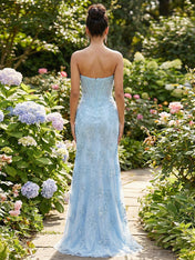 Light Blue Corset-Bodice Lace Prom Dress  with Thigh-High Slit