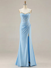 Light Blue Crystal-Trimmed Corset Prom Dress with Slit
