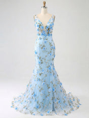 Light Blue Deep V-Neck Tulle Mermaid Prom Dress with 3D Floral Appliqués