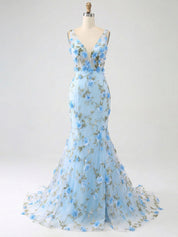 Light Blue Deep V-Neck Tulle Mermaid Prom Dress with 3D Floral Appliqués