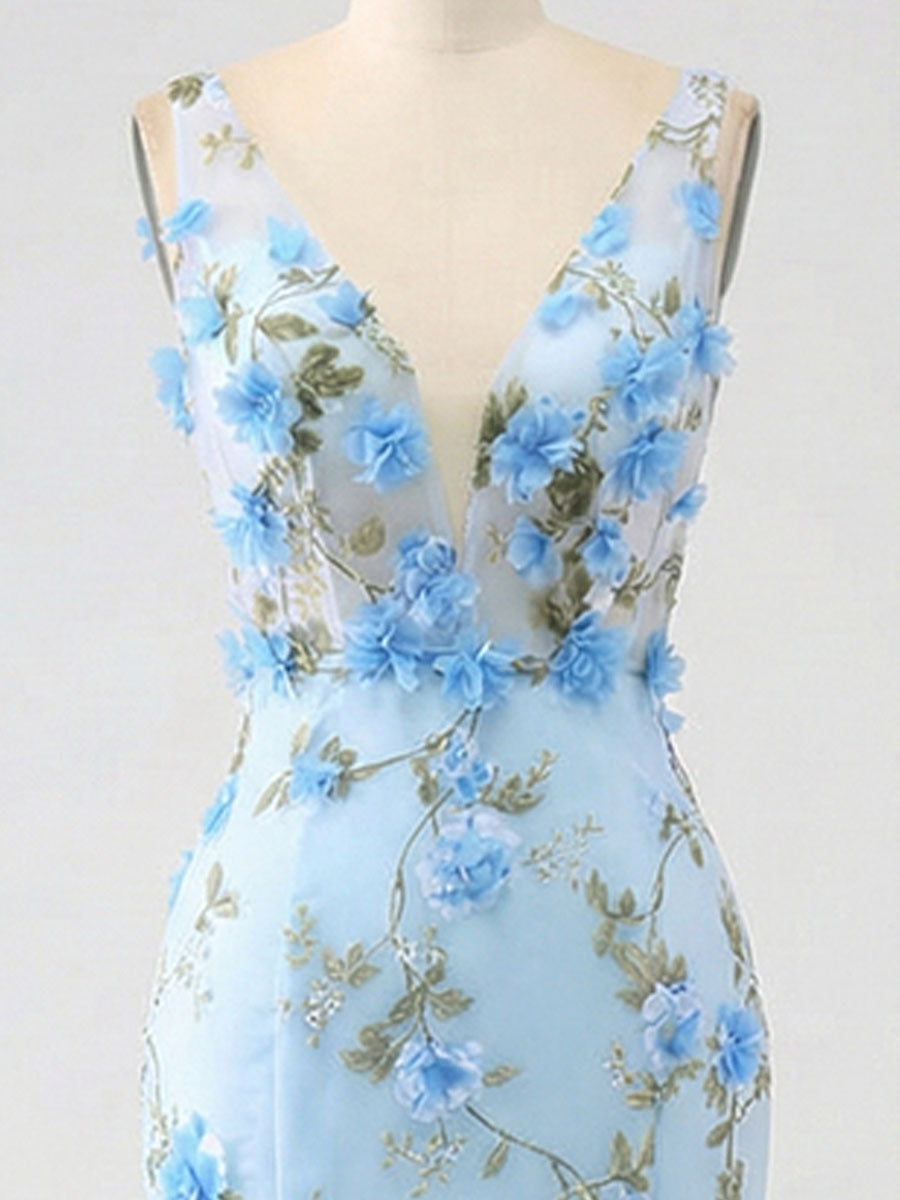 Light Blue Deep V-Neck Tulle Mermaid Prom Dress with 3D Floral Appliqués
