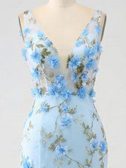 Light Blue Deep V-Neck Tulle Mermaid Prom Dress with 3D Floral Appliqués