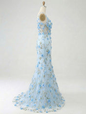 Light Blue Deep V-Neck Tulle Mermaid Prom Dress with 3D Floral Appliqués