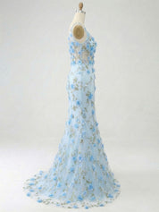 Light Blue Deep V-Neck Tulle Mermaid Prom Dress with 3D Floral Appliqués