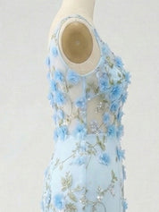 Light Blue Deep V-Neck Tulle Mermaid Prom Dress with 3D Floral Appliqués
