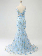 Light Blue Deep V-Neck Tulle Mermaid Prom Dress with 3D Floral Appliqués