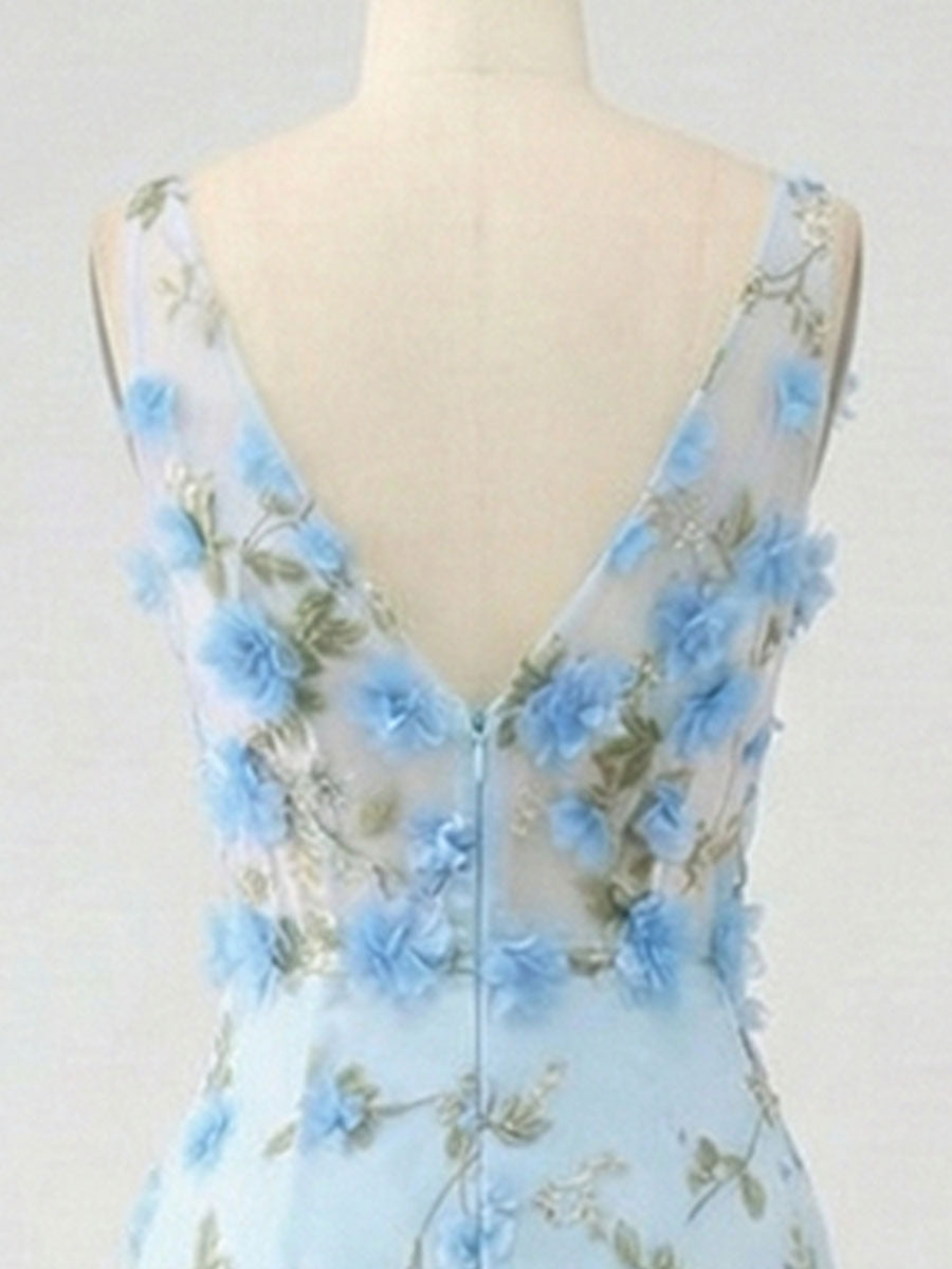 Light Blue Deep V-Neck Tulle Mermaid Prom Dress with 3D Floral Appliqués