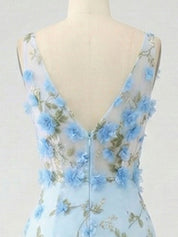Light Blue Deep V-Neck Tulle Mermaid Prom Dress with 3D Floral Appliqués