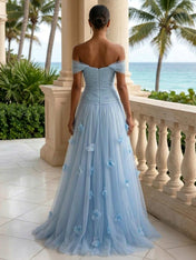Light Blue Evening Dress with 3D Flower Off The Shoulder Pleat Maxi Dress