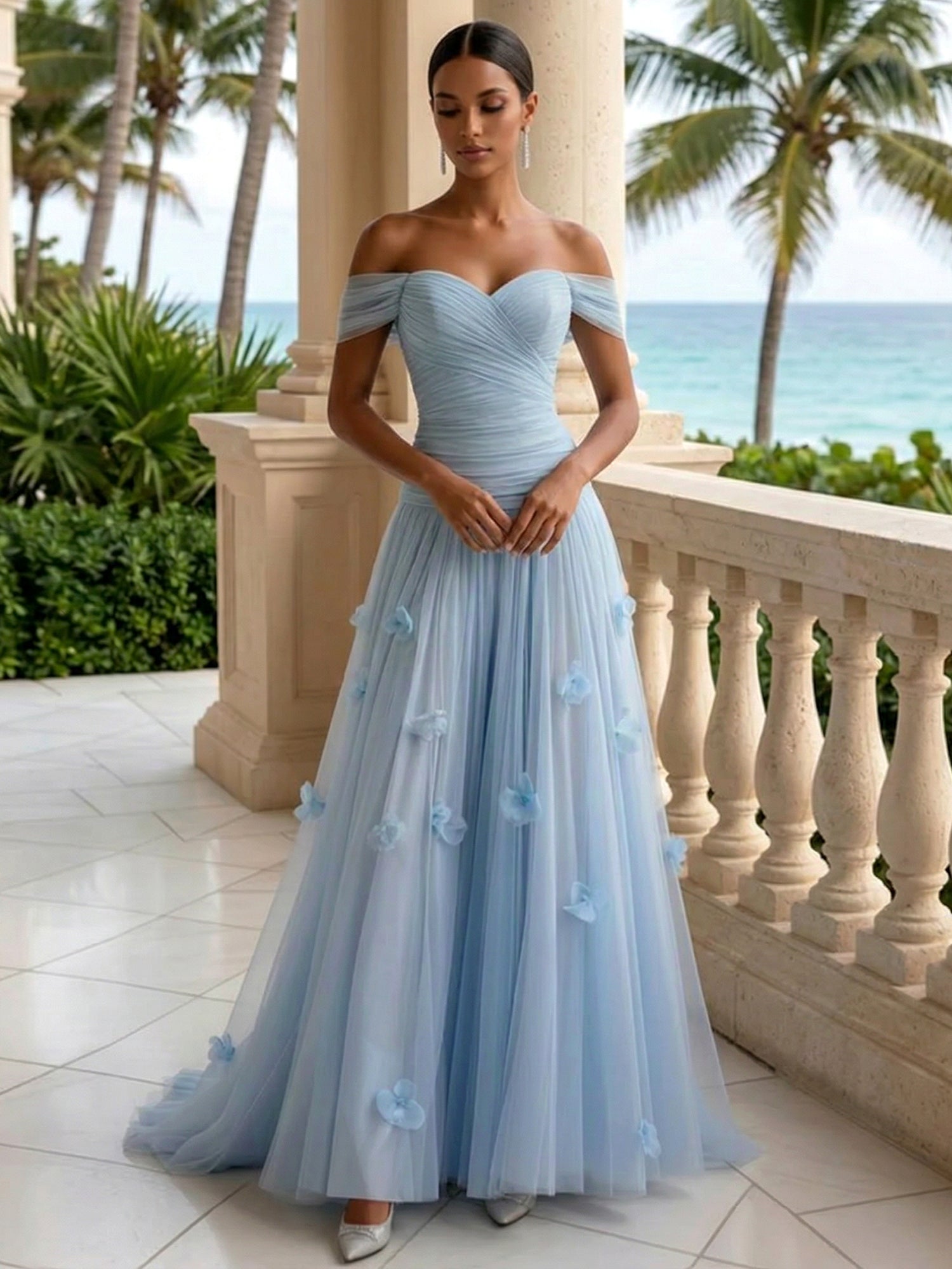 Light Blue Evening Dress with 3D Flower Off The Shoulder Pleat Maxi Dress