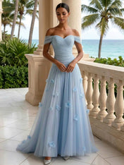 Light Blue Evening Dress with 3D Flower Off The Shoulder Pleat Maxi Dress