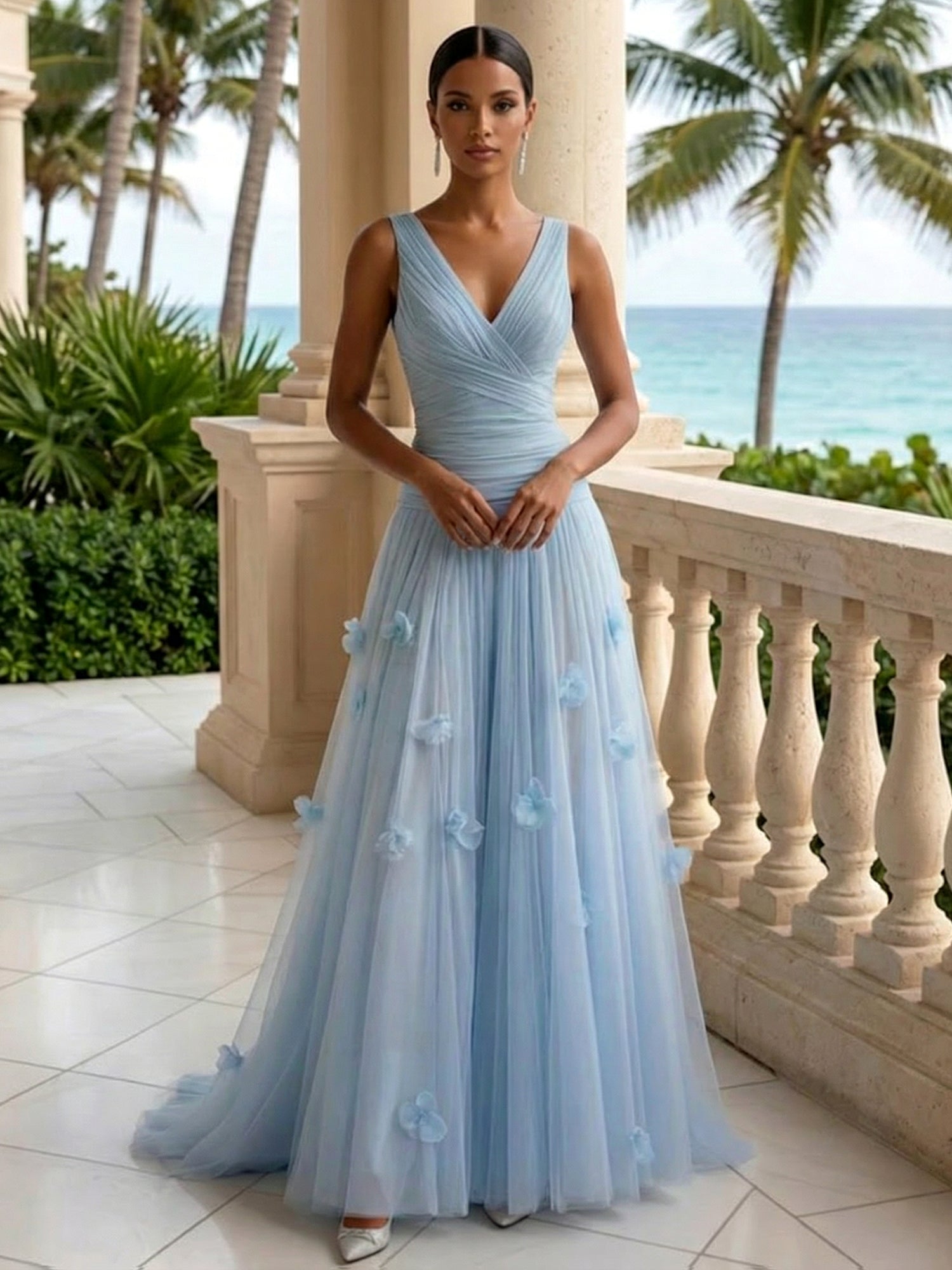 Light Blue Evening Dress with 3D Flower V Neck Pleat Maxi Dress