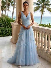 Light Blue Evening Dress with 3D Flower V Neck Pleat Maxi Dress