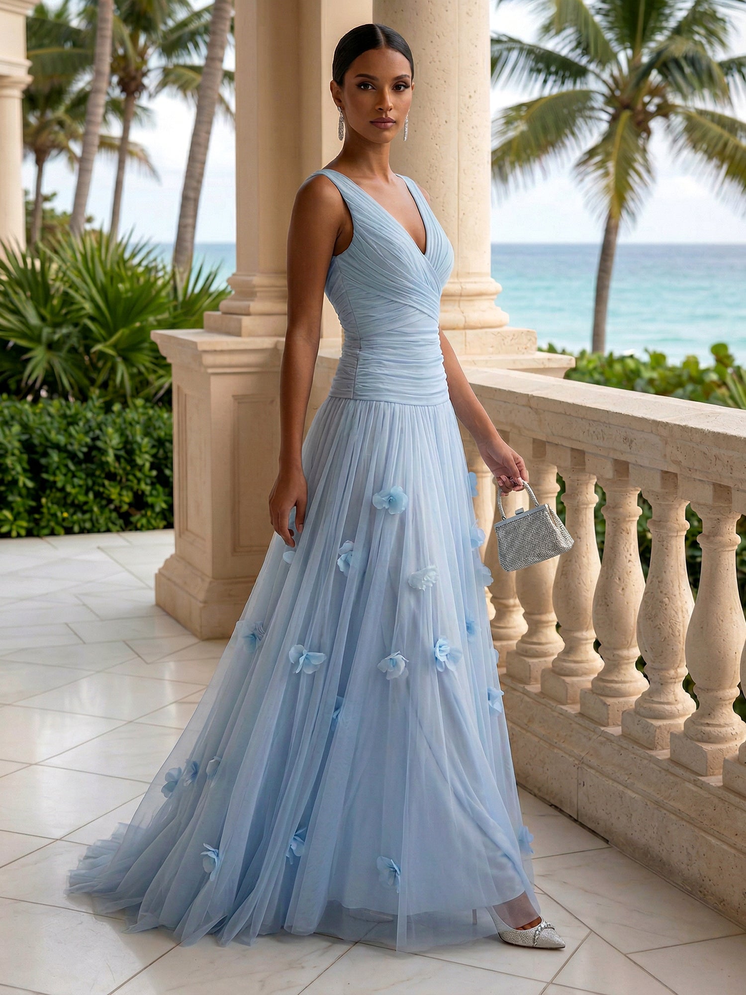 Light Blue Evening Dress with 3D Flower V Neck Pleat Maxi Dress