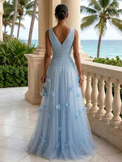Light Blue Evening Dress with 3D Flower V Neck Pleat Maxi Dress