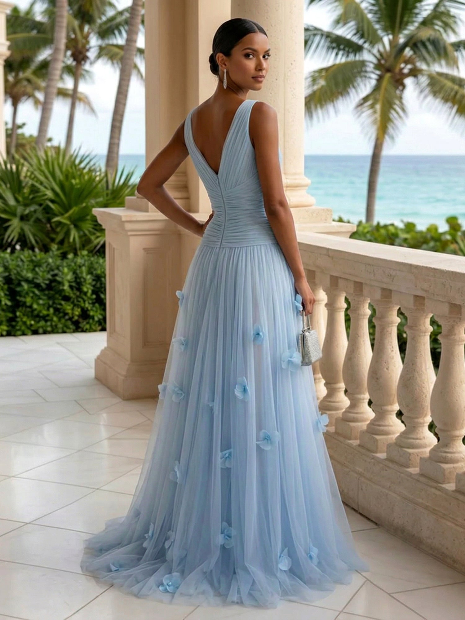 Light Blue Evening Dress with 3D Flower V Neck Pleat Maxi Dress