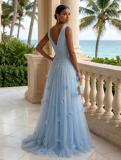 Light Blue Evening Dress with 3D Flower V Neck Pleat Maxi Dress