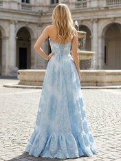 Light Blue Floral Appliqué Corset A-Line Prom Dress with Slit