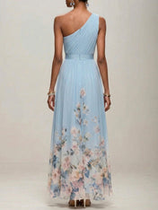 Light Blue Floral Chiffon One Shoulder Sleeveless A-Line Maxi Dress Gown