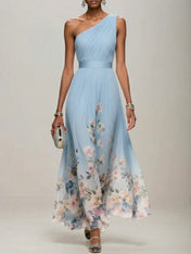 Light Blue Floral Chiffon One Shoulder Sleeveless A-Line Maxi Dress Gown