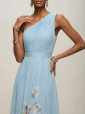 Light Blue Floral Chiffon One Shoulder Sleeveless A-Line Maxi Dress Gown