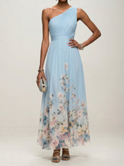 Light Blue Floral Chiffon One Shoulder Sleeveless A-Line Maxi Dress Gown