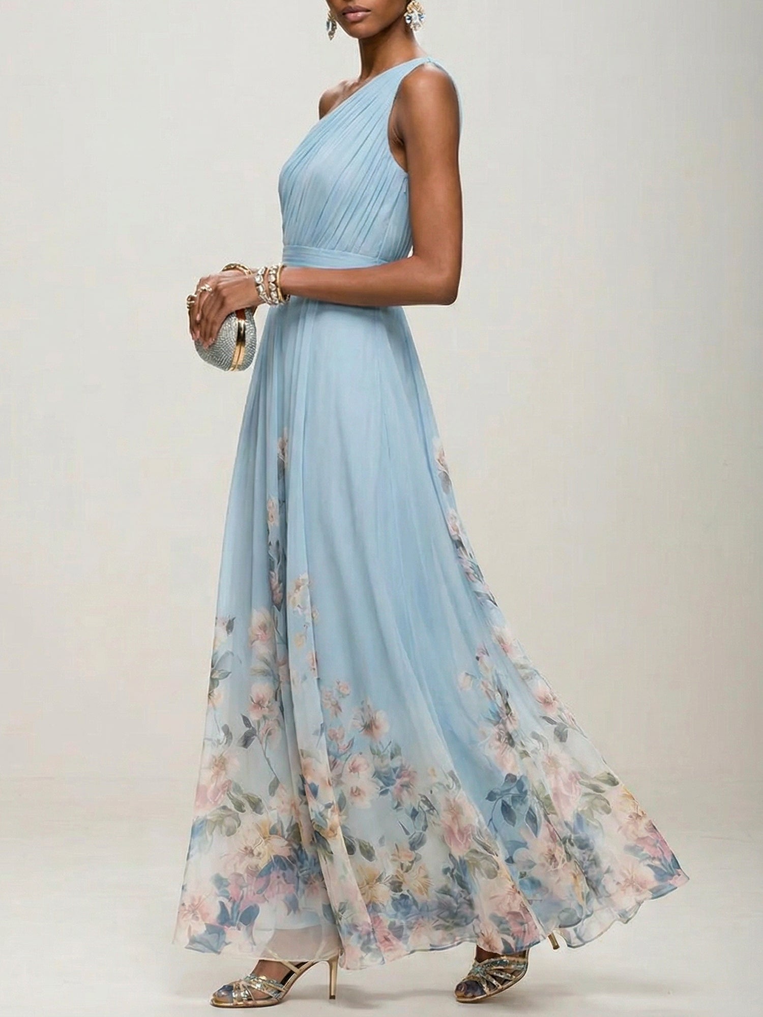 Light Blue Floral Chiffon One Shoulder Sleeveless A-Line Maxi Dress Gown