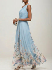 Light Blue Floral Chiffon One Shoulder Sleeveless A-Line Maxi Dress Gown