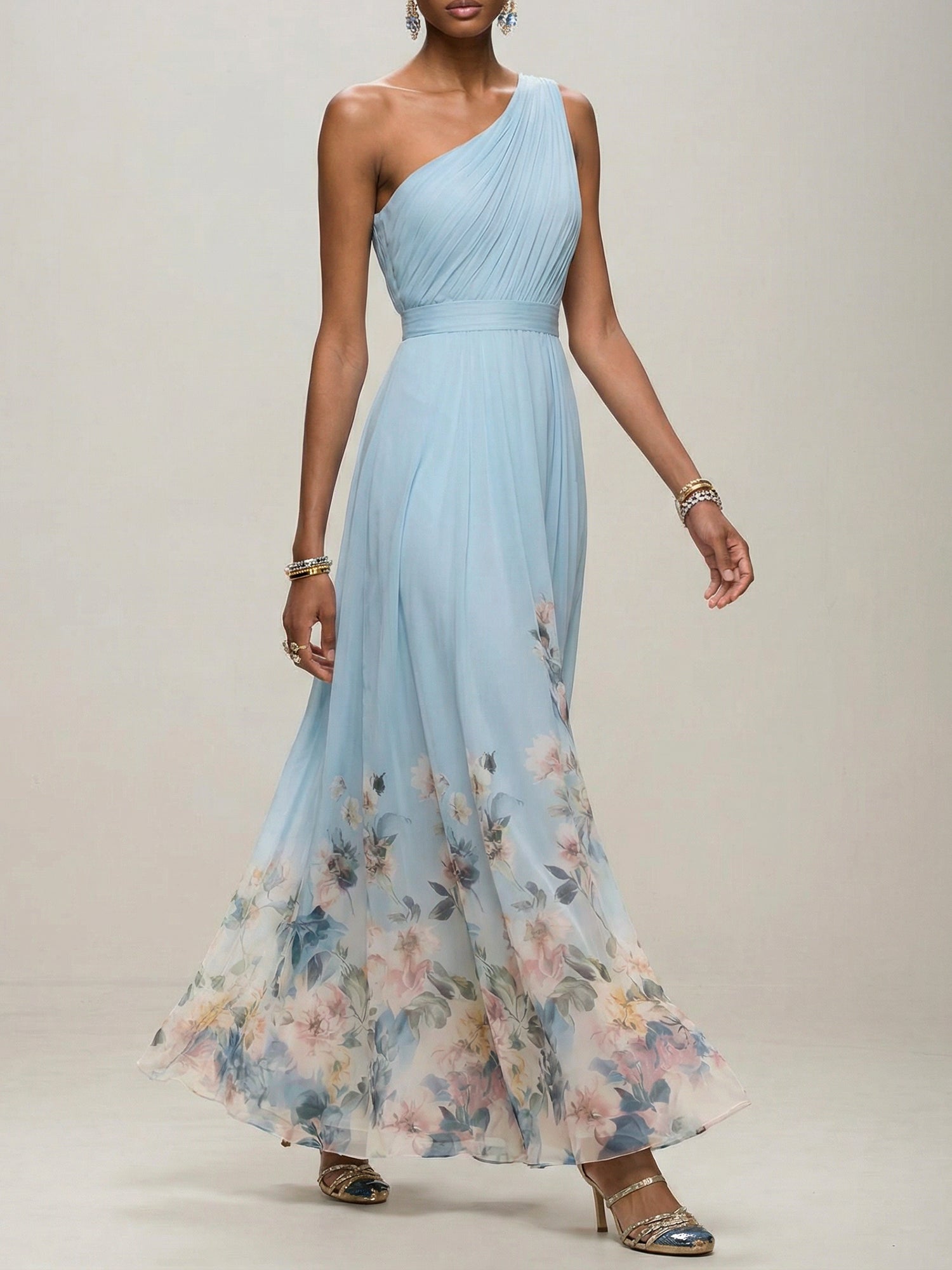 Light Blue Floral Chiffon One Shoulder Sleeveless A-Line Maxi Dress Gown