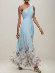 Light Blue Floral Chiffon One Shoulder Sleeveless A-Line Maxi Dress Gown