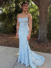 Light Blue Floral Embroidered Spaghetti Strap Prom Dress