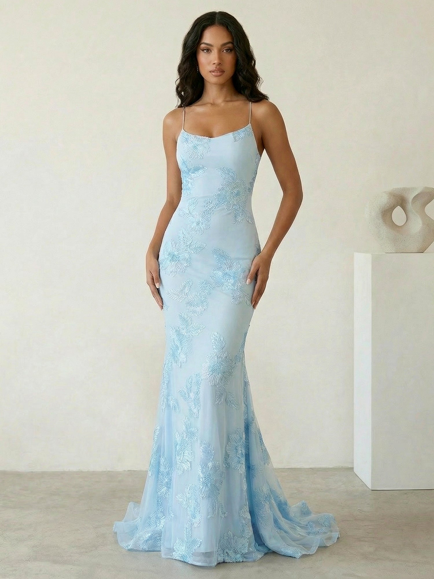 Light Blue Floral Embroidered Spaghetti Strap Prom Dresses