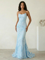 Light Blue Floral Embroidered Spaghetti Strap Prom Dresses