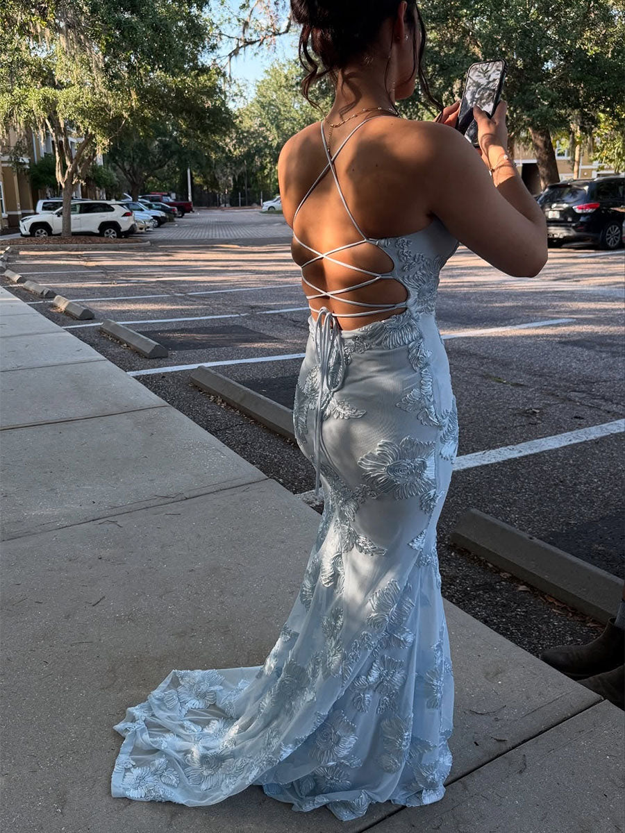 Light Blue Floral Embroidered Spaghetti Strap Prom Dress
