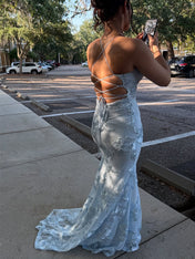 Light Blue Floral Embroidered Spaghetti Strap Prom Dress