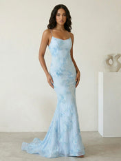 Light Blue Floral Embroidered Spaghetti Strap Prom Dresses