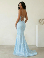 Light Blue Floral Embroidered Spaghetti Strap Prom Dresses