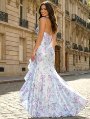 Light Blue Floral Print Sweetheart Satin High-Low Corset Prom Dress
