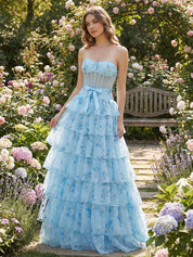 Light Blue Floral Strapless Tiered Corset Prom Dress