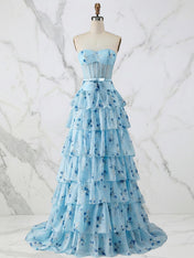 Light Blue Floral Strapless Tiered Corset Long Prom Dress