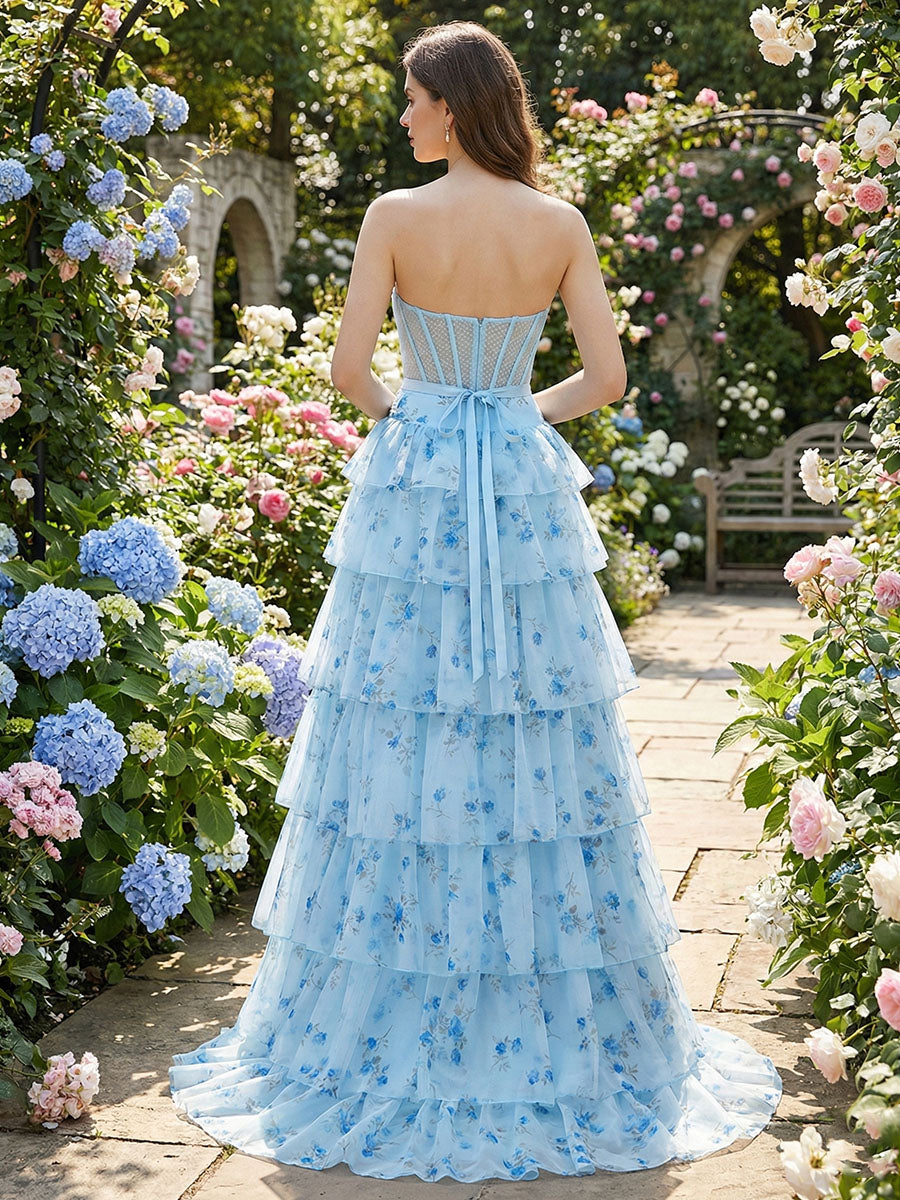 Dreamylily Prom Dress Light Blue Floral Strapless Tiered Corset Ball Gown