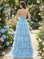 Light Blue Floral Strapless Tiered Corset Prom Dress