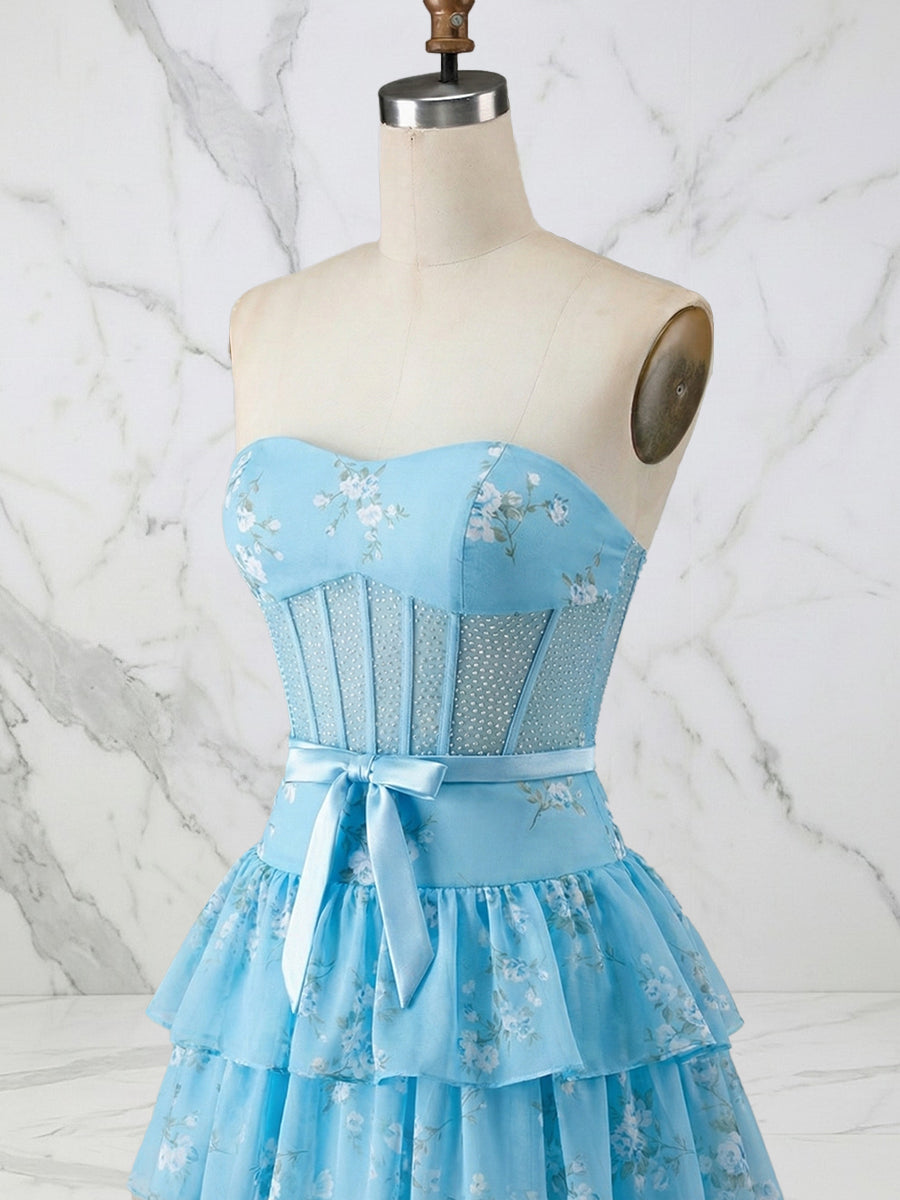 Light Blue Floral Strapless Tiered Corset Long Prom Dress